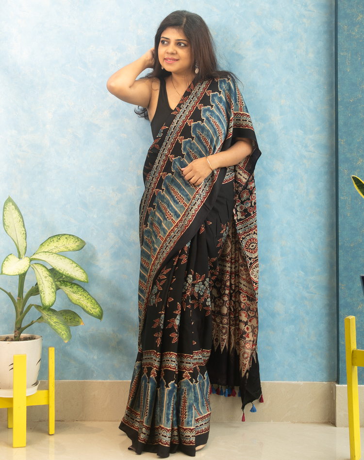 BLACK AJRAK BLOCK PRINTED MODAL SILK SARI