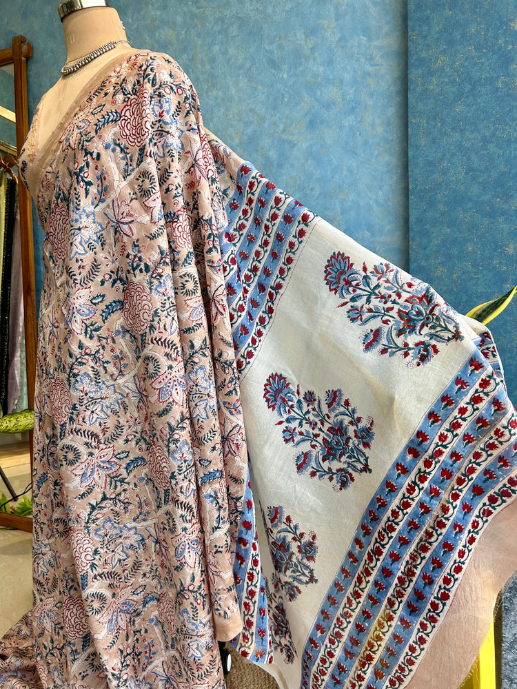 Tan Hand Block Printed Chanderi Sari