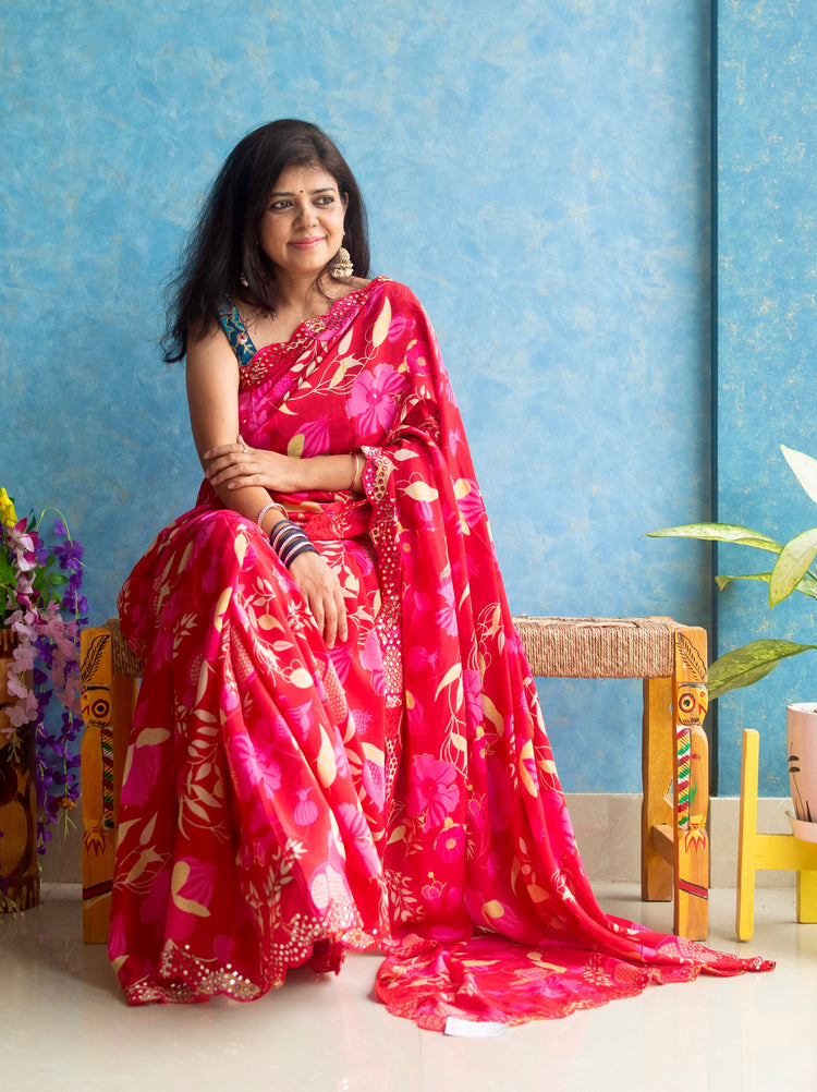 Ruby Pink Crape Saree with Mirror Work and Scallop Border