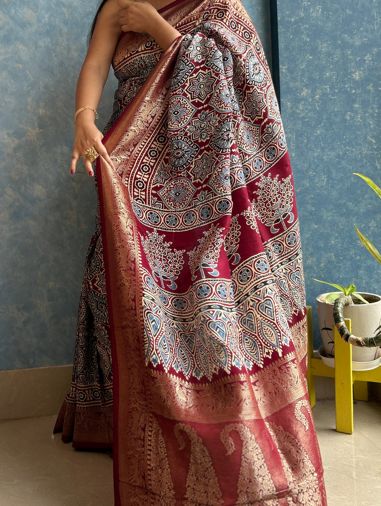 MAROON AJRAK BLOCK PRINTED DOLA SILK SARI