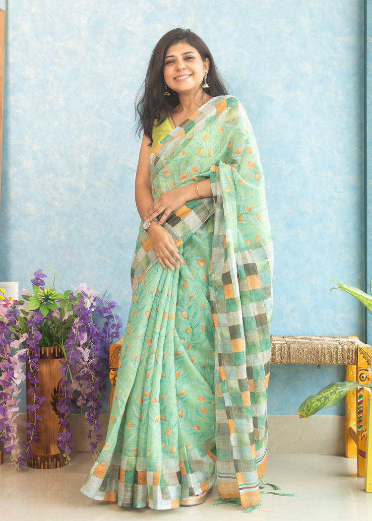 Linen Floral Print with Kantha stitch