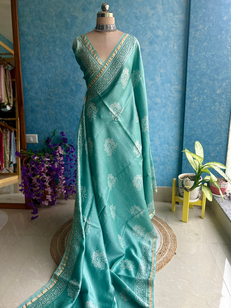 Cruise Teal Hand Block Printed Chanderi Sar