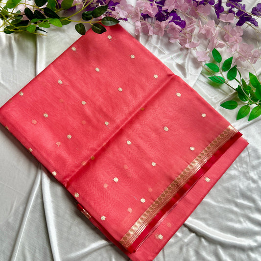 Warm Salmon Pure Kora Banarasi Silk Saree