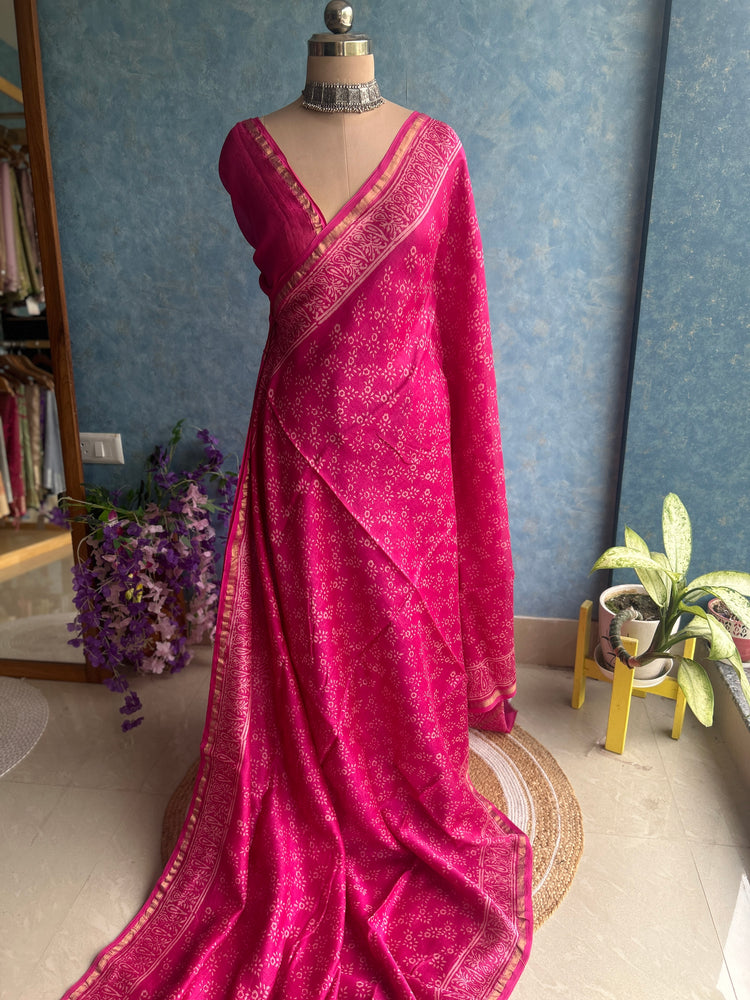 Pink Hand Block Printed Chanderi Sar