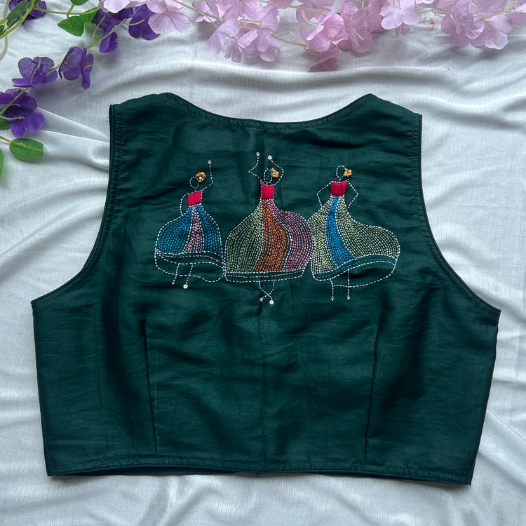 Dark Green Thread Work Cotton Blouse