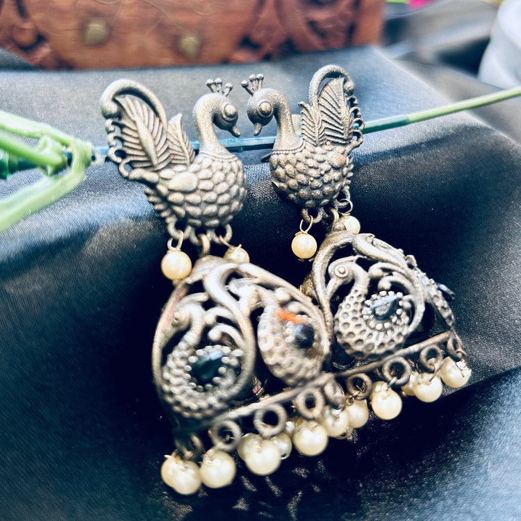 Peacock Silver Oxidised Jhumka