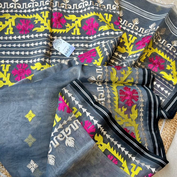 Grey Resham Silk Muslin Jamdani Saree