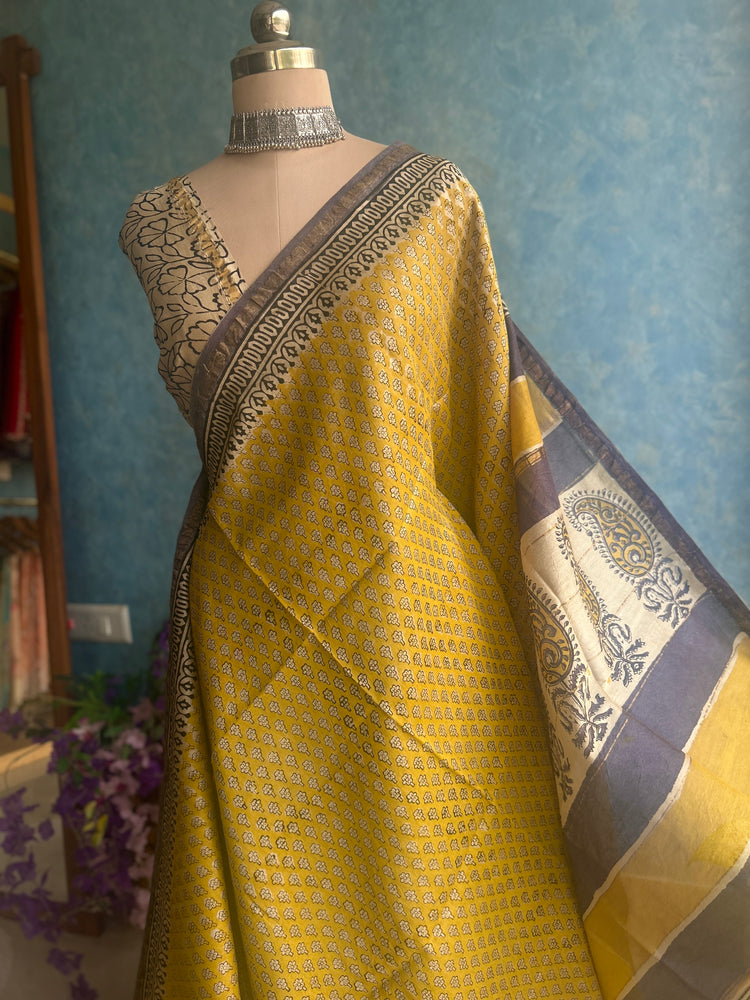 Titanium Hand Block Printed Chanderi Sar
