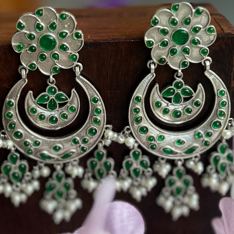 Green Silver Oxidised Earrings