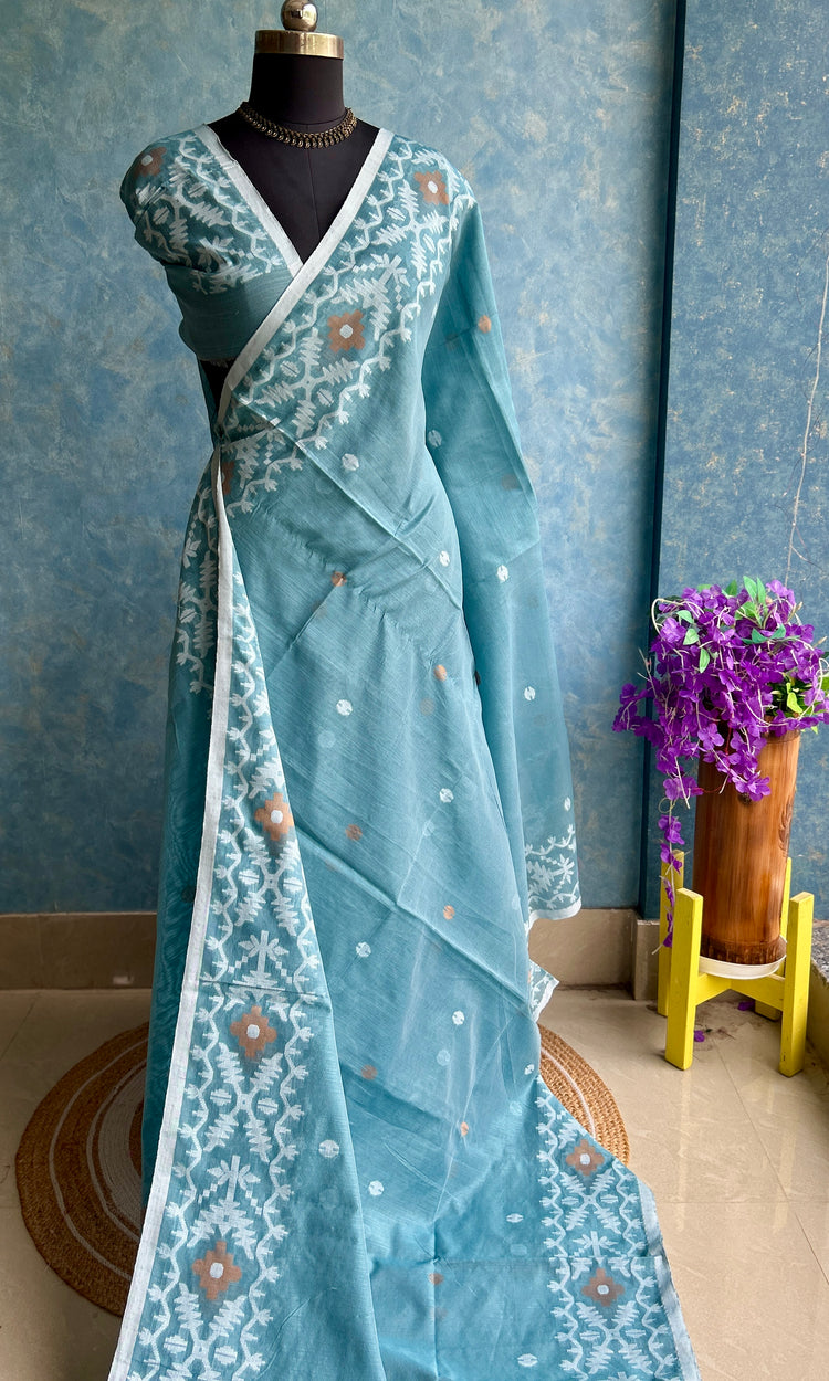 Marble Grey Blue Handloom Jamdani Saree