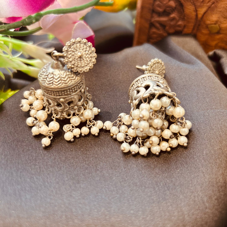 White Perl Silver Oxidised Jhumka