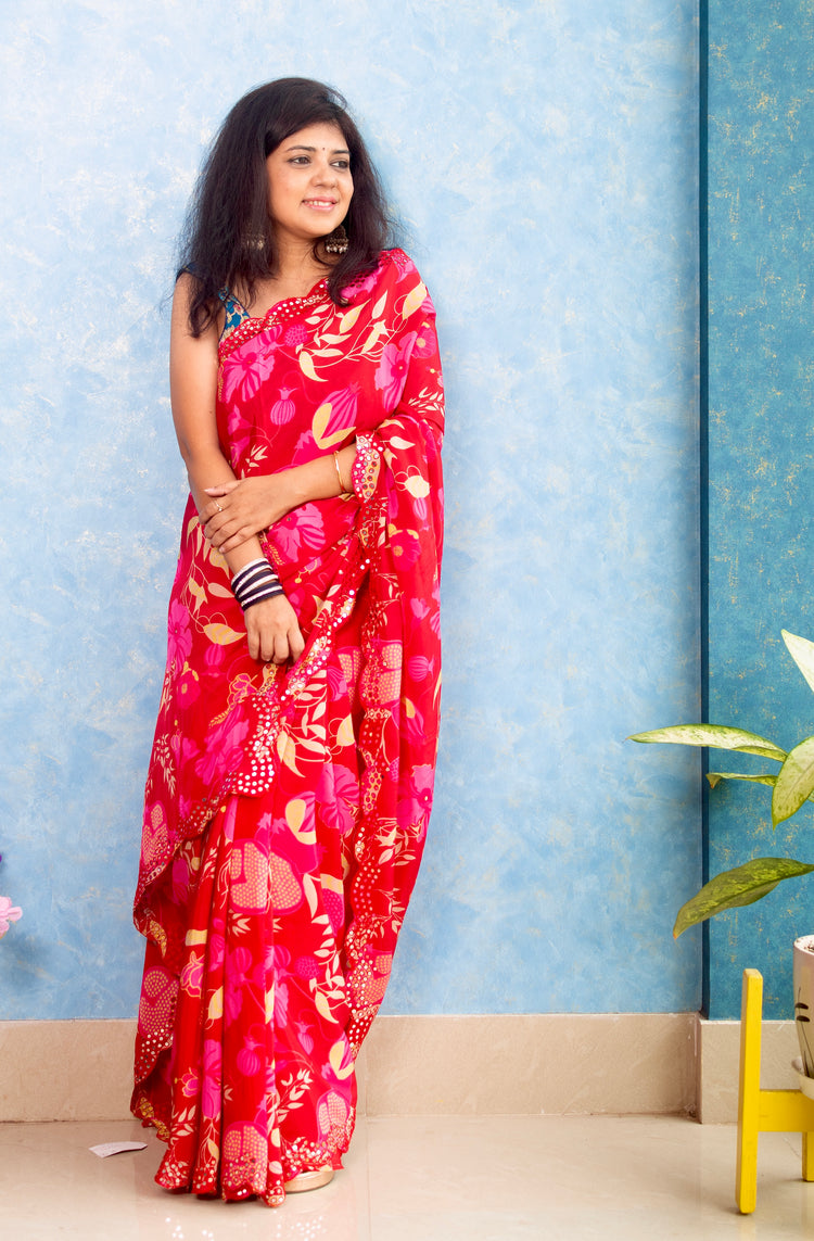 Ruby Pink Crape Saree with Mirror Work and Scallop Border