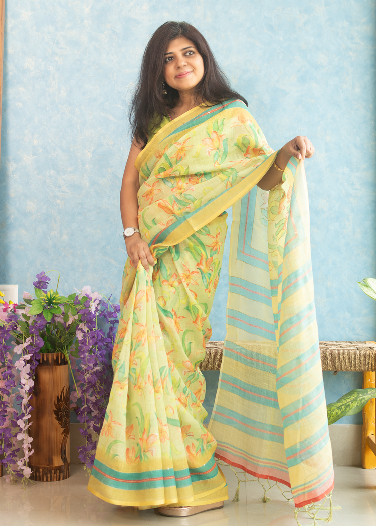 Linen Floral Print with Kantha stitch