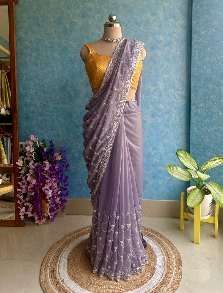 Light Purple Hand Embroidery on Tissue Sari