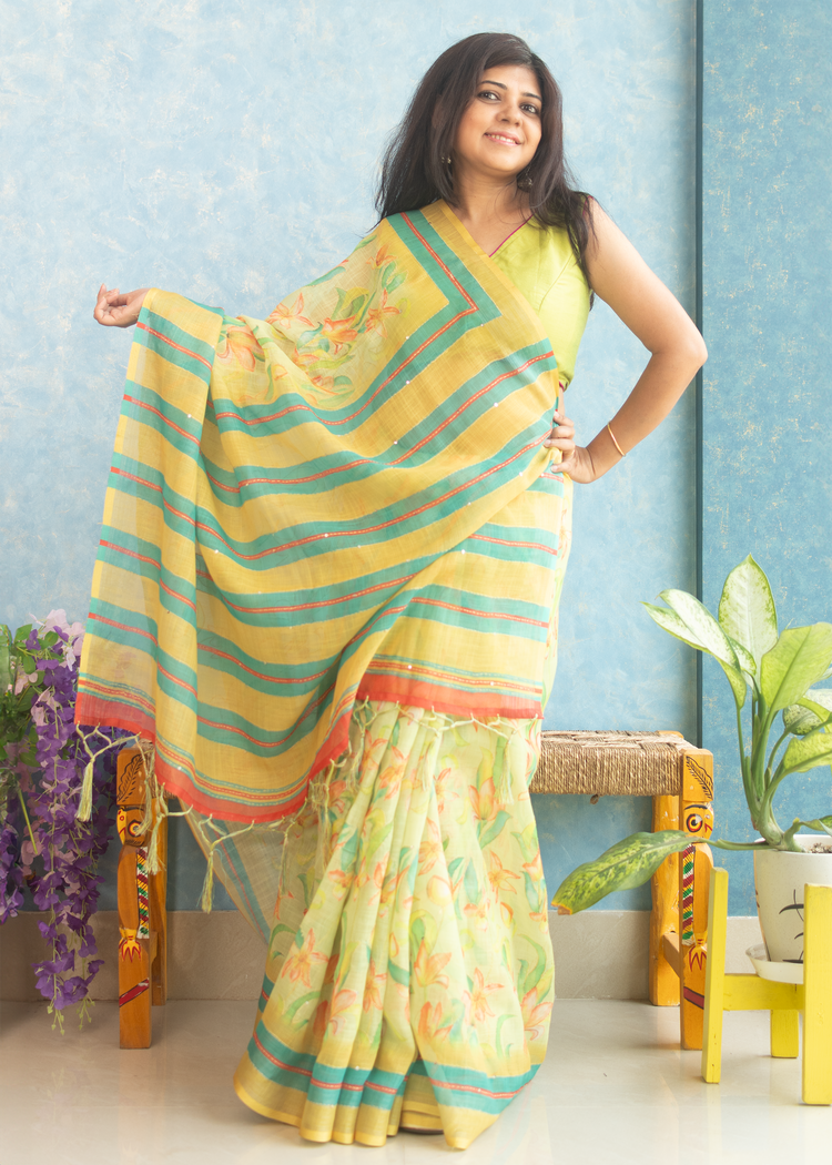 Linen Floral Print with Kantha stitch