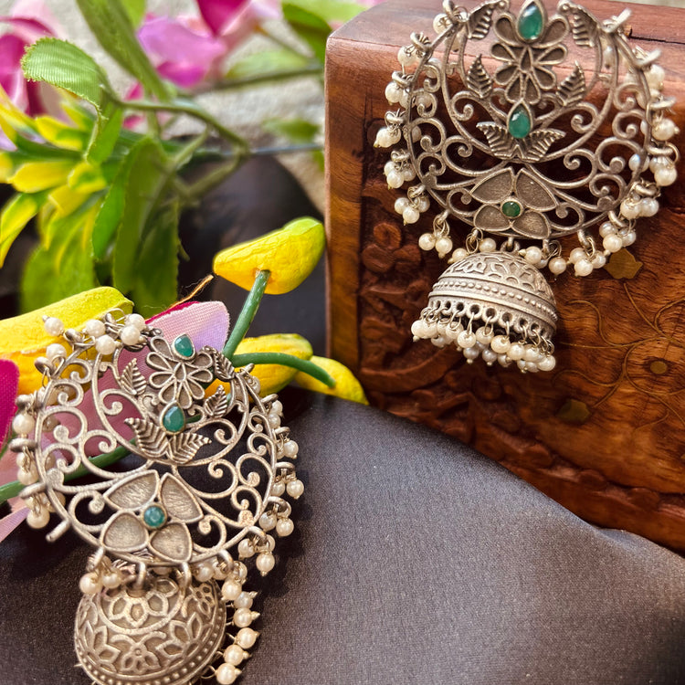 Green Stone Silver Oxidised Jhumka