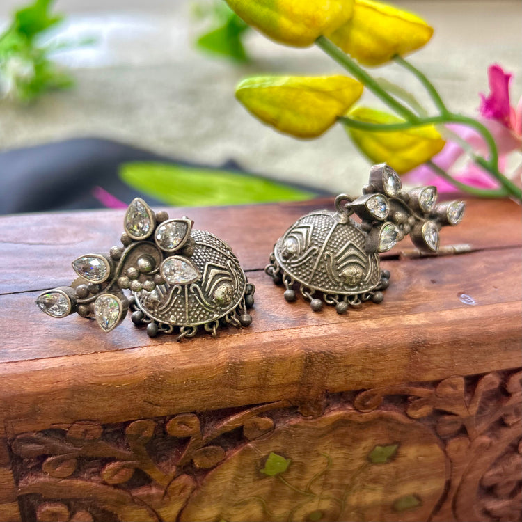 White Stone Silver Oxidised Jhumka