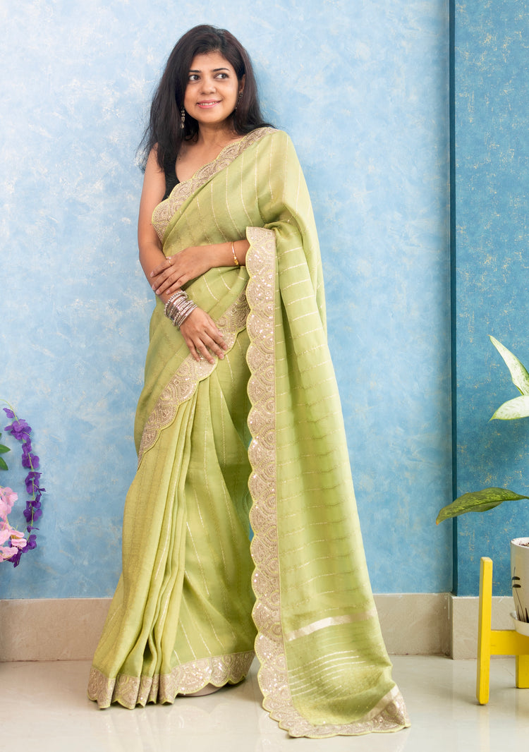 Pista Green Tissue Saree with Golden Scallop Border