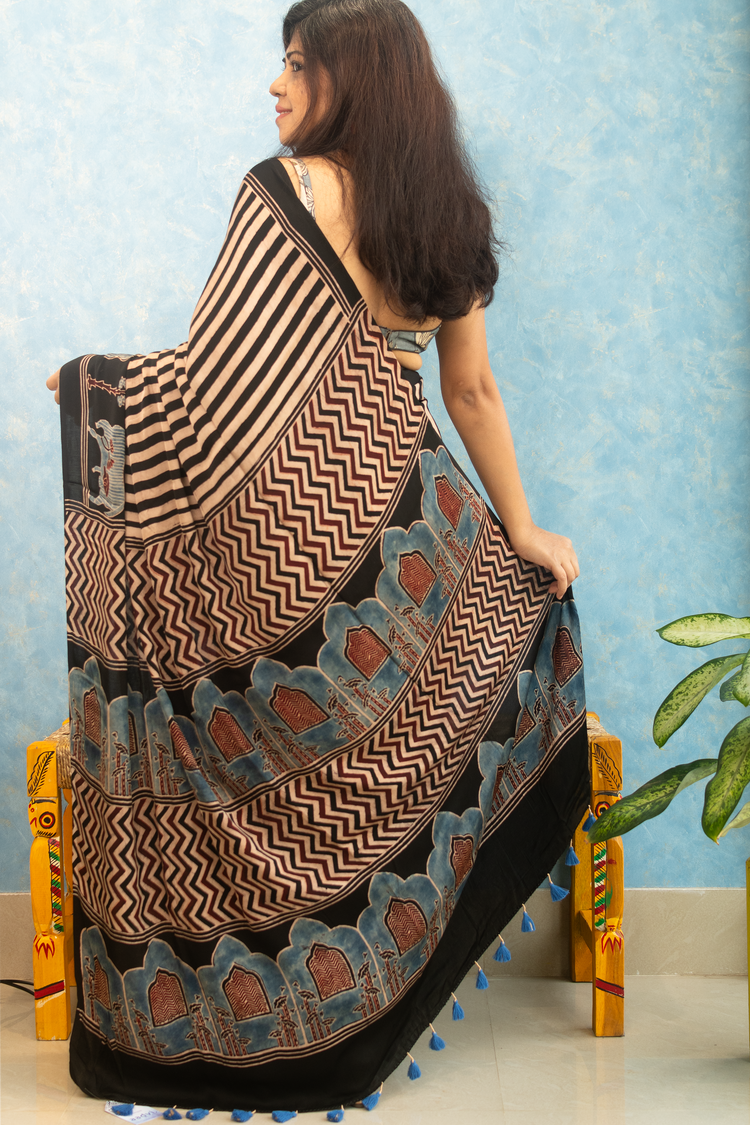 BLACK AJRAK BLOCK PRINTED MODAL SILK SARI