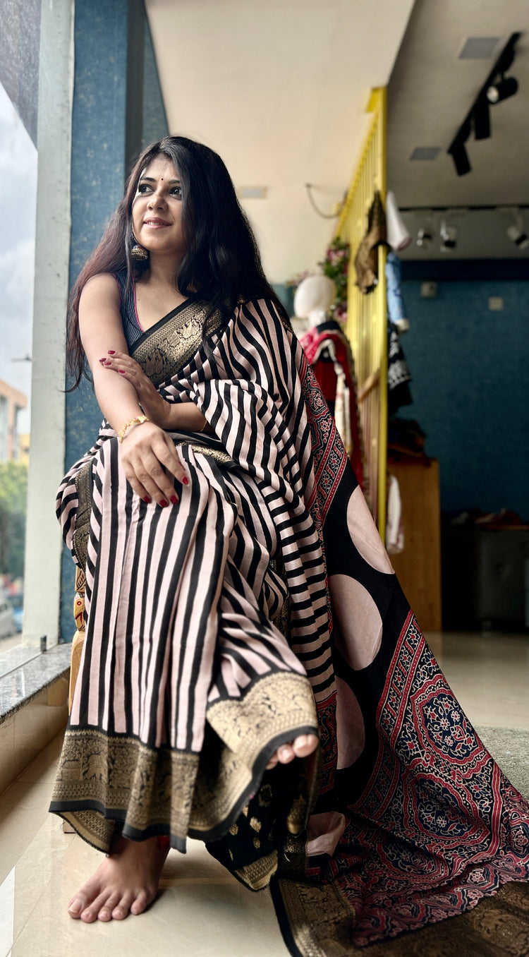 STRIPE AJRAK BLOCK PRINTED DOLA SILK SARI