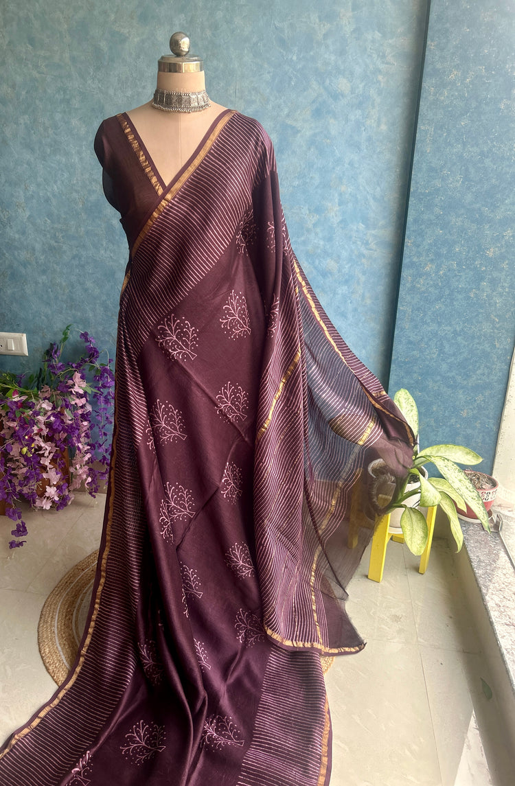 Plum Hand Block Printed Chanderi Sar