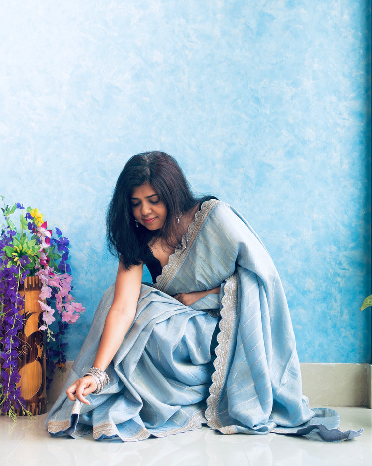 Flint Tissue Saree with Golden Scallop Border