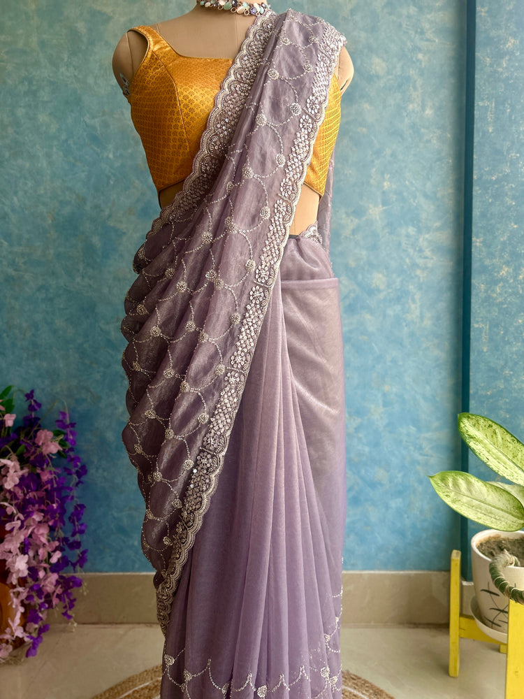 Light Purple Hand Embroidery on Tissue Sari