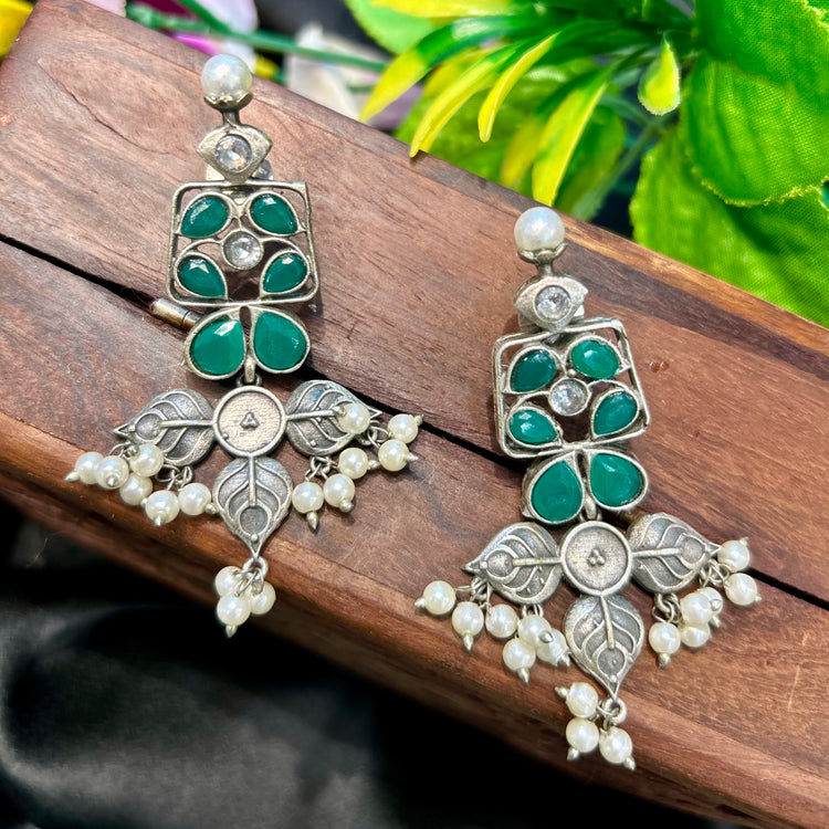 Green Silver Oxidised Earrings