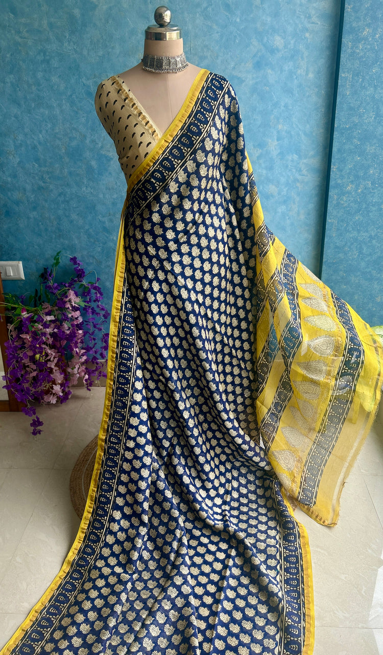 Midnight Hand Block Printed Chanderi Sari