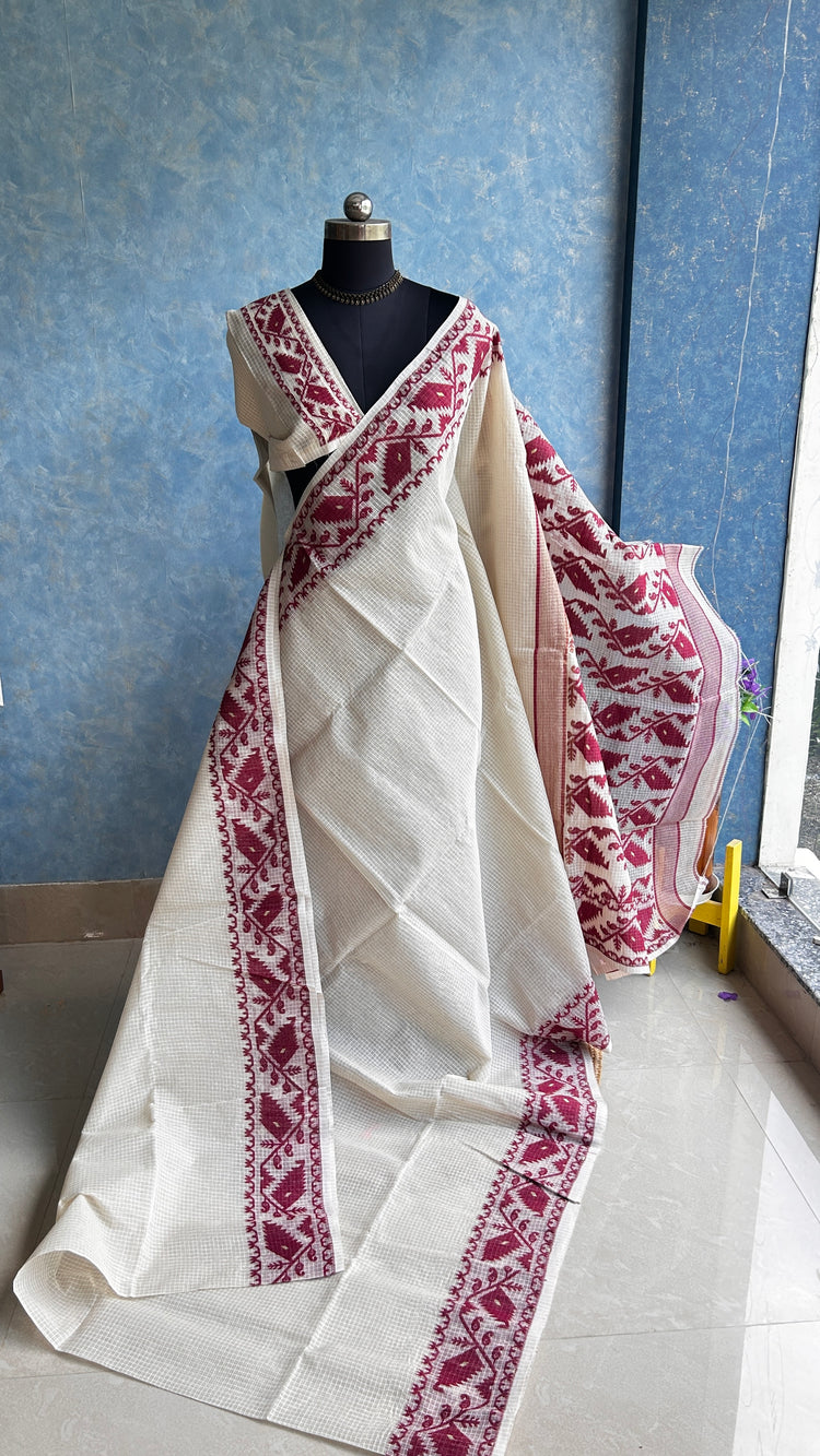 Off-White Maroon Traditional Jamdani