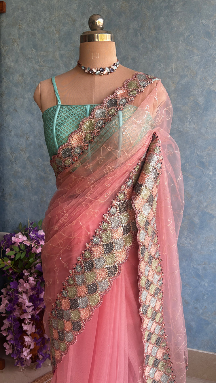 Pastle Pink Designer Net Sari