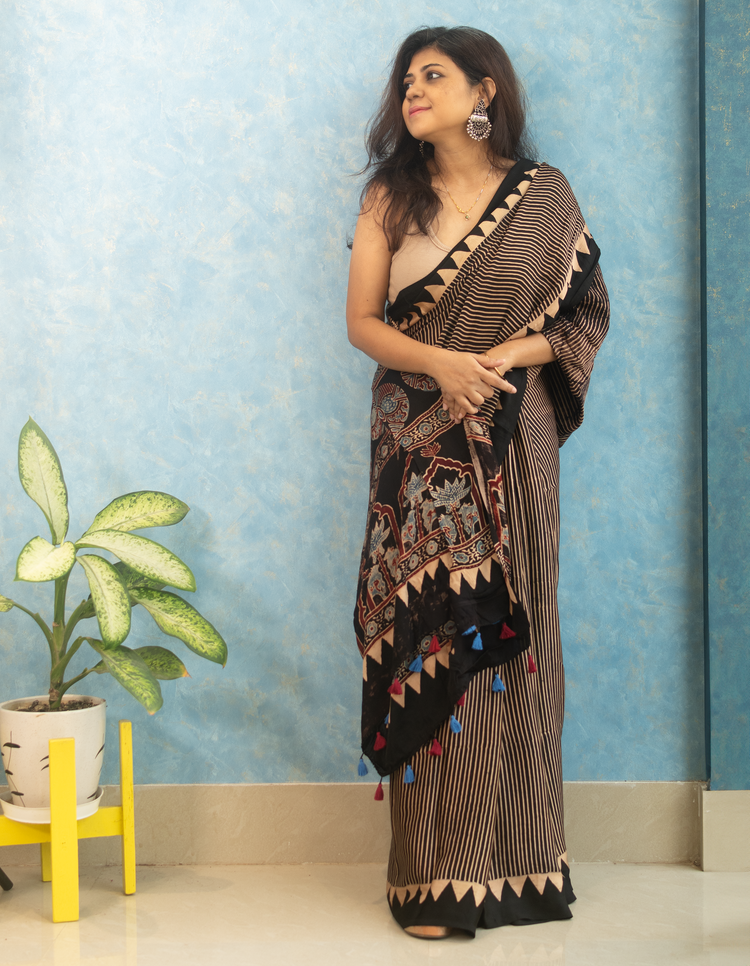 BLACK AJRAK BLOCK PRINTED MODAL SILK SARI