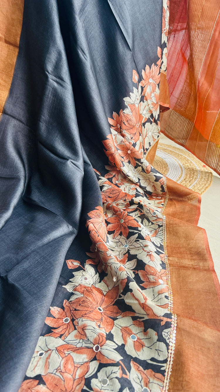 Black ScreenPrint on Pure Tussar Silk