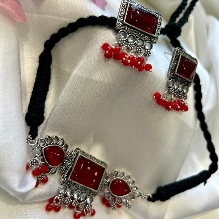 Maroon Kundan Oxidised Choker Set