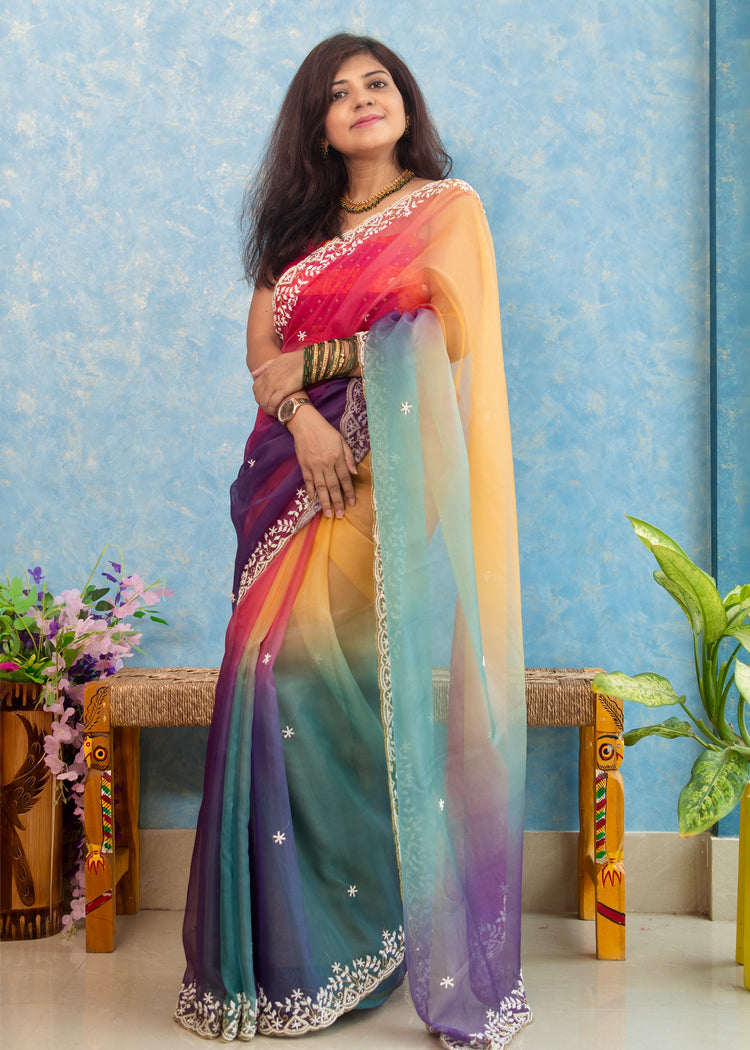 Multi Shades Hand Embroidery on Organza Sari