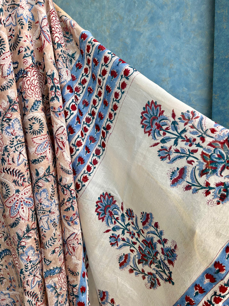 Tan Hand Block Printed Chanderi Sari