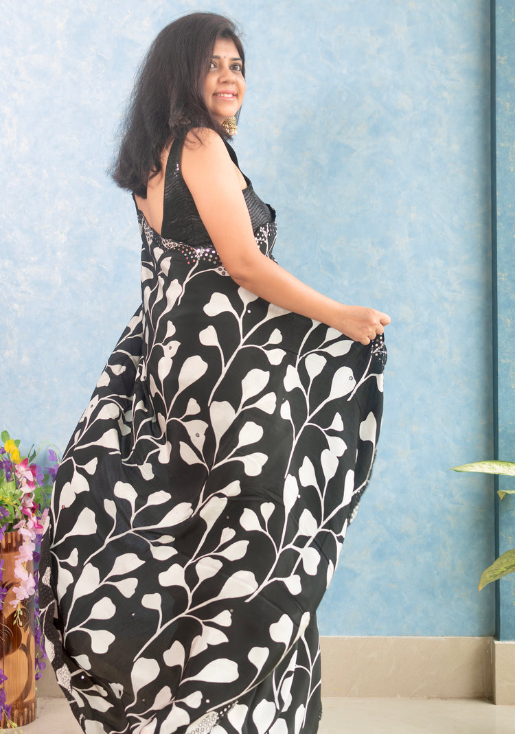 Black Crape Saree with Mirror Work and Scallop Border