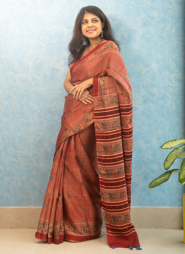 RUSTIC RED AJRAK BLOCK PRINTED MODAL SILK SARI