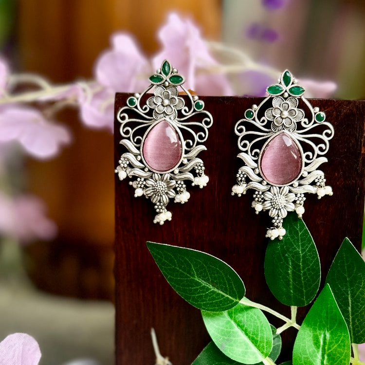 Pastle Pink Silver Oxidised Earrings