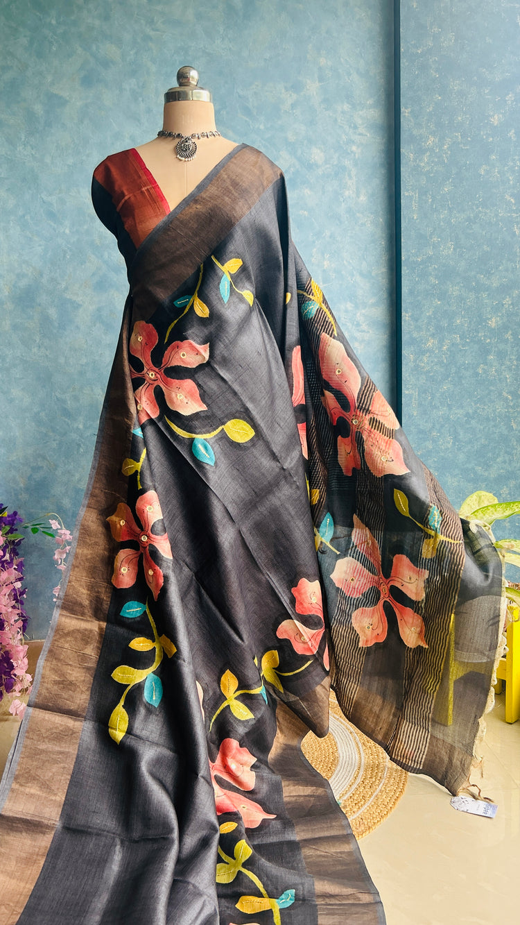 Black HandPaint on Pure Tussar Silk