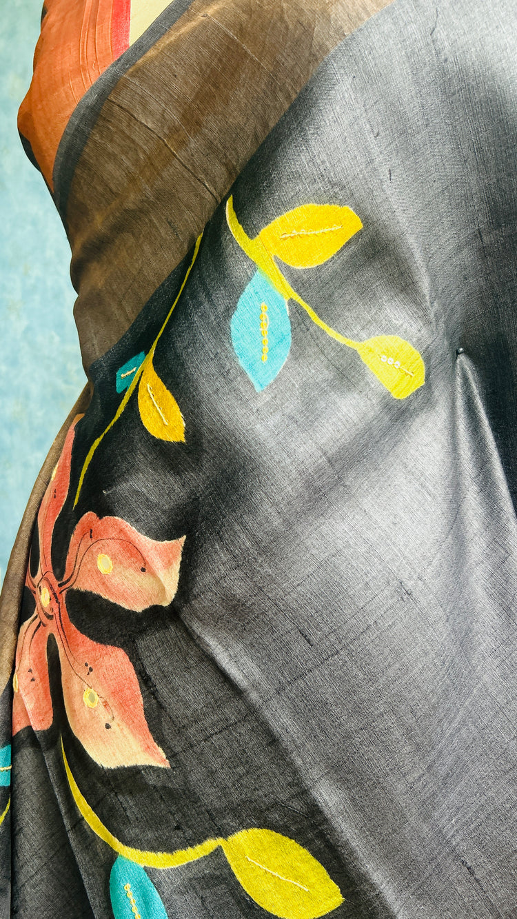 Black HandPaint on Pure Tussar Silk