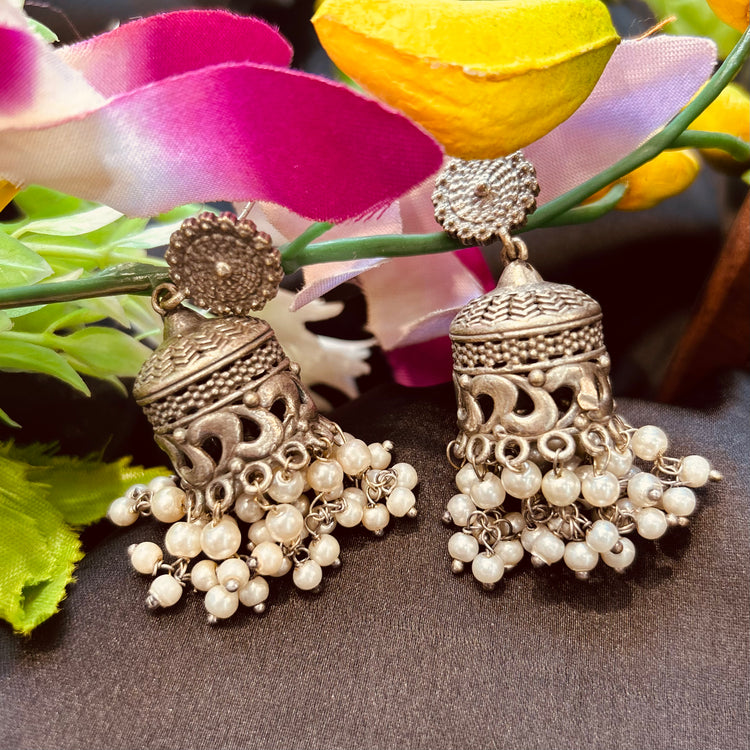 White Perl Silver Oxidised Jhumka