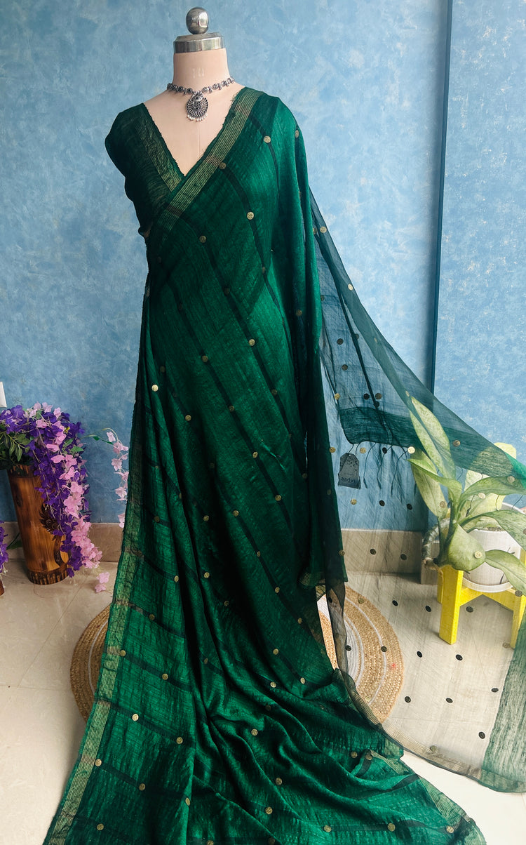 Deep Green Handloom Matka Muslin Silk Sari