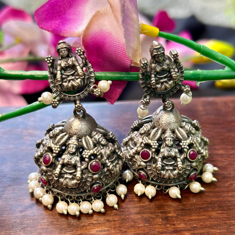 Pink Stone Silver Oxidised Jhumka