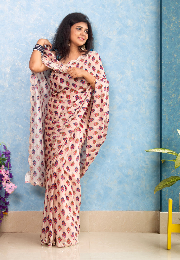 Chic Peach Chinon Crepe Saree with Mirror Work and Scallop Border