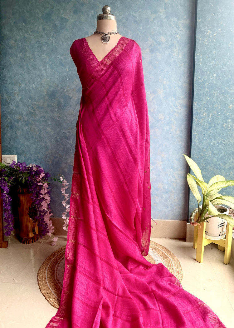 Magenta Handloom Matka Muslin Silk Sari