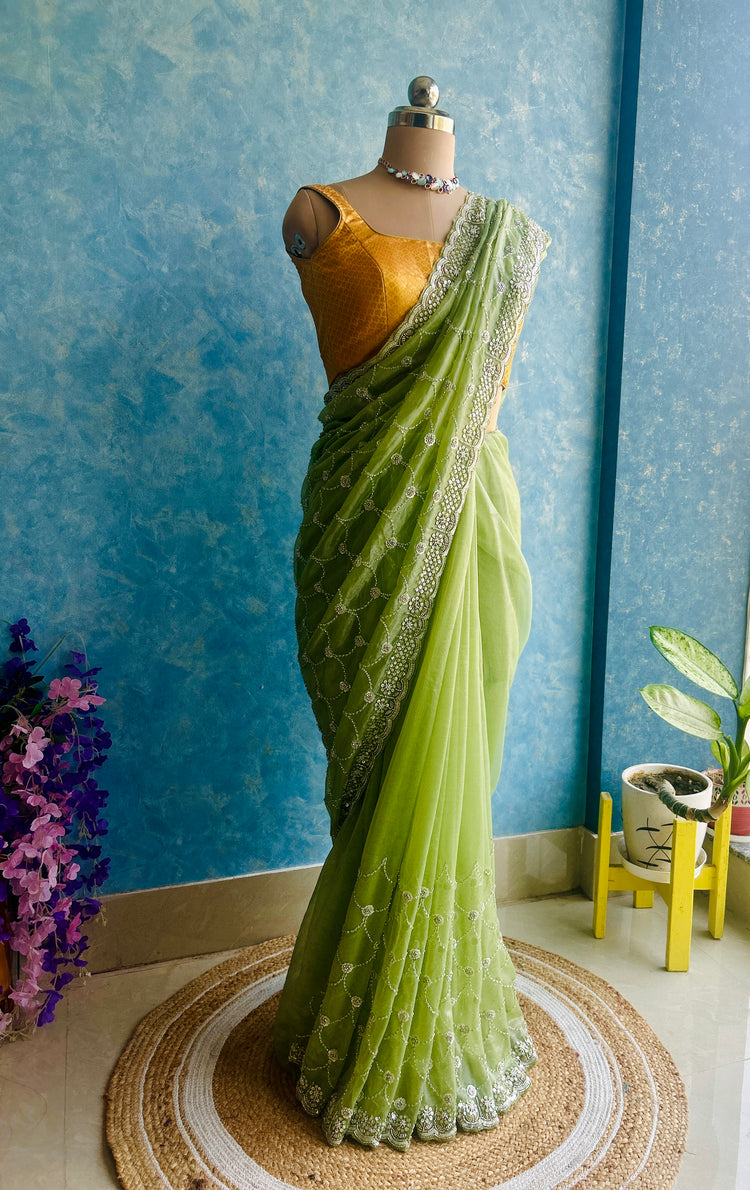 Sheen Green Hand Embroidery on Tissue Sari