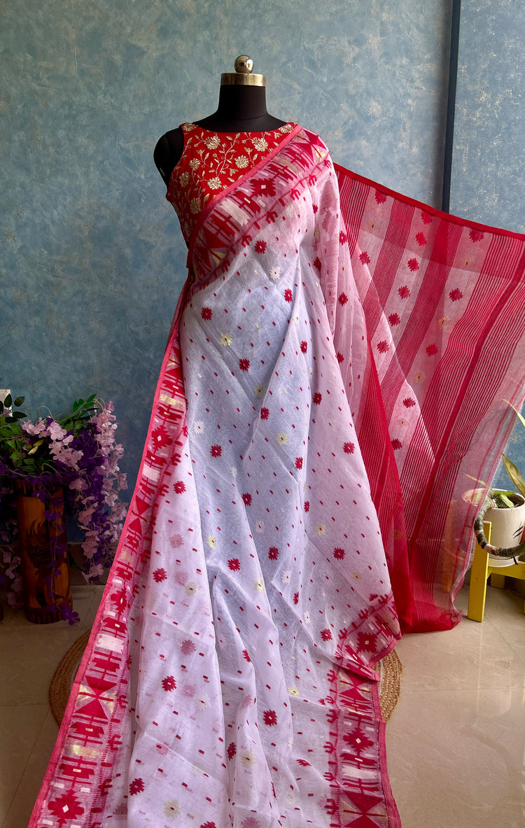 White Red Soft Dhakai Jamdani