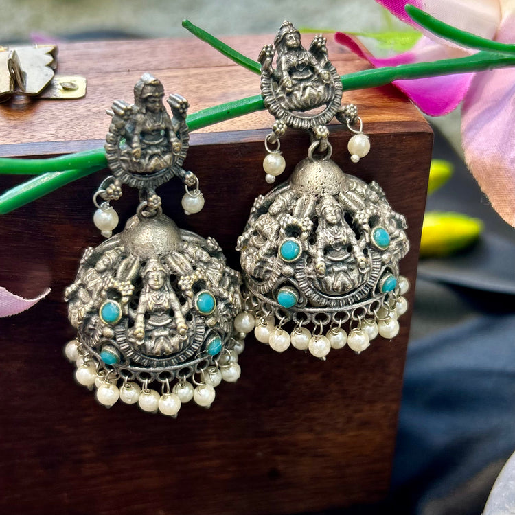 Sky Blue Stone Silver Oxidised Jhumka