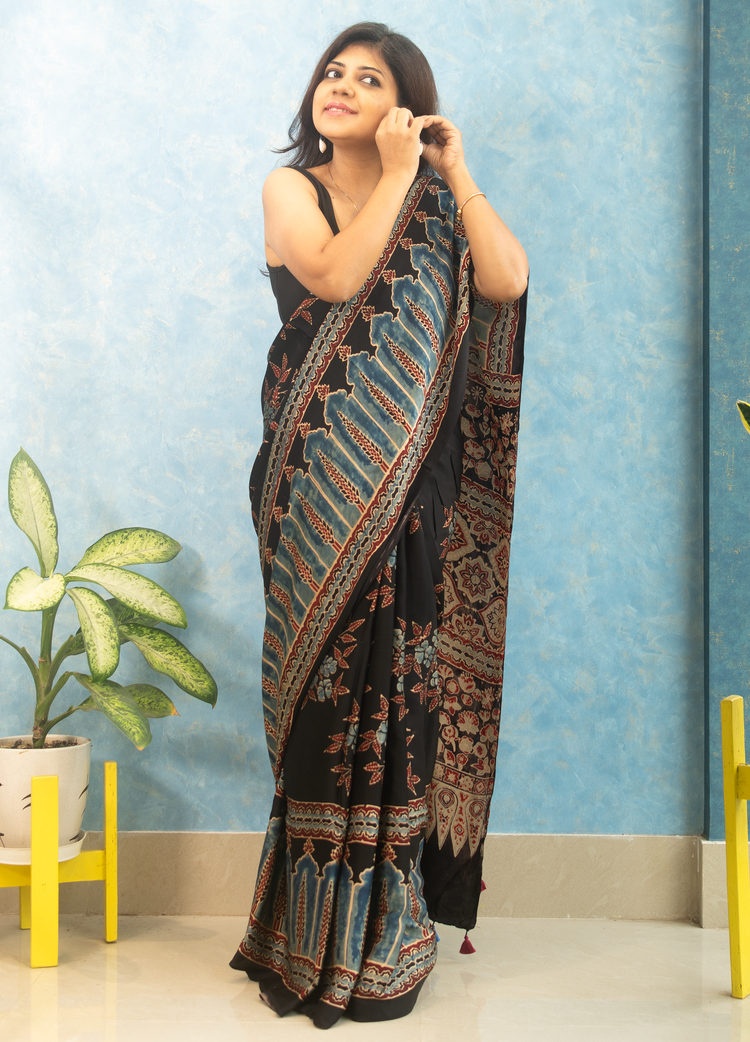 BLACK AJRAK BLOCK PRINTED MODAL SILK SARI